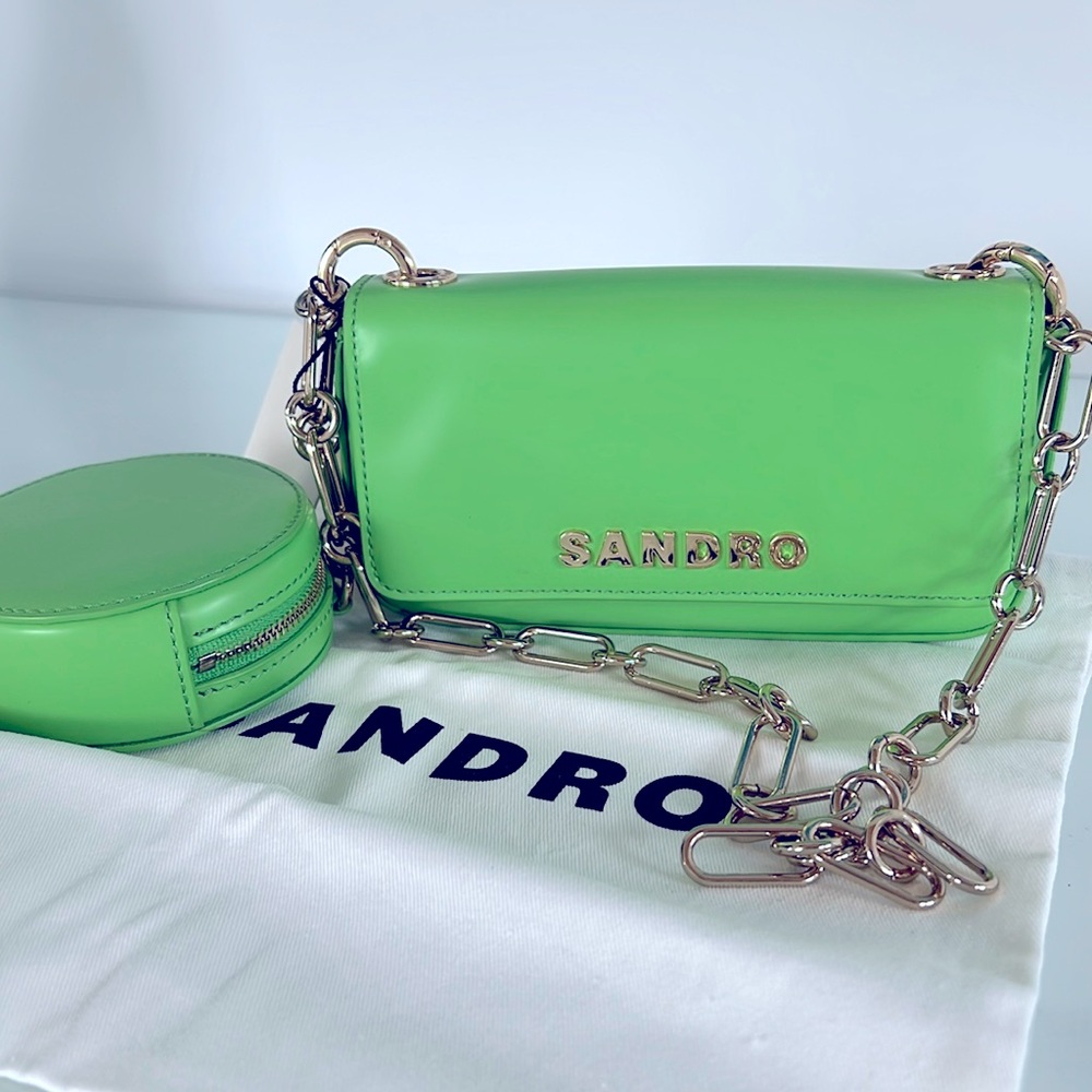 NWT $360 SANDRO totemo shoulder bag LIME GREEN with gold chain +zip coin purse - Picture 11 of 13
